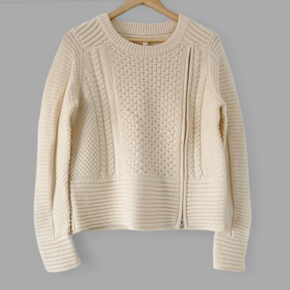 VERONICA BEARD Moto Chunky Cable Knit Fisherman Sweater Zip Wool Pull Over Biker